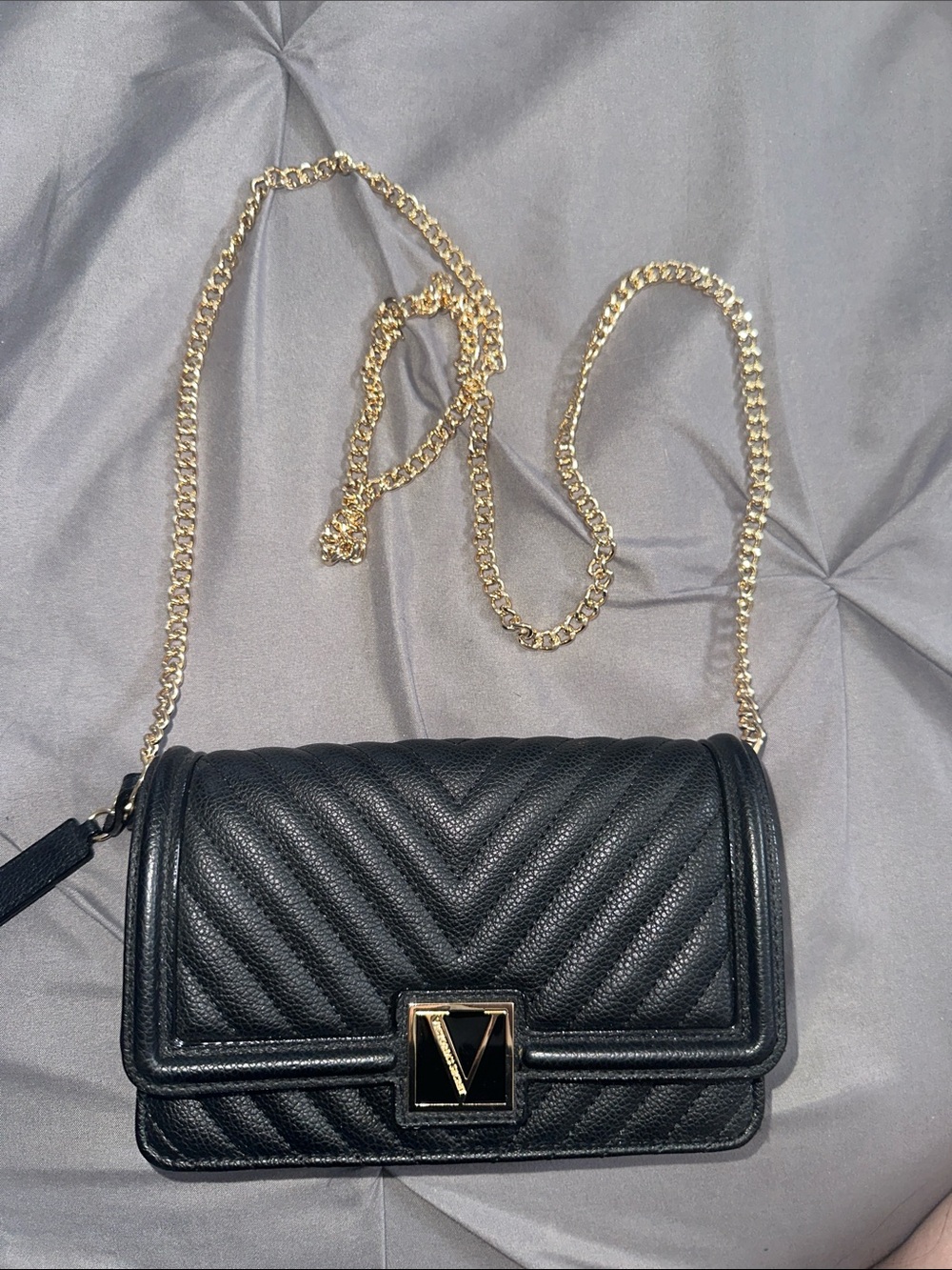 Victoria's Secret Black Quilted Crossbody with Gold Chain